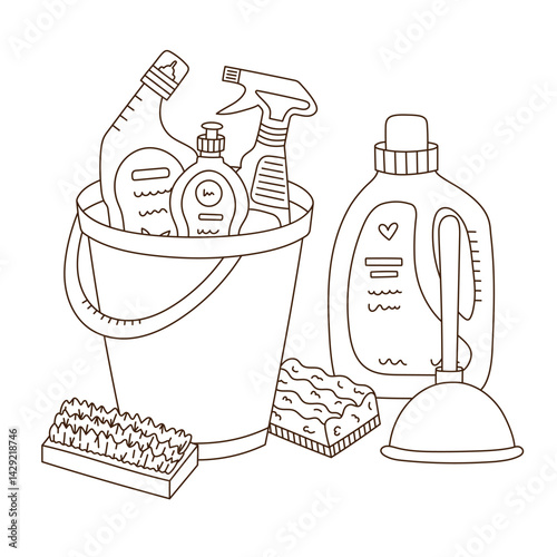 Lovely sketch housework concept illustration with bucket and different detergent products, liquids, rubber toilet plunger, scrubbing brushes. Funny doodle composition for website, poster, media.