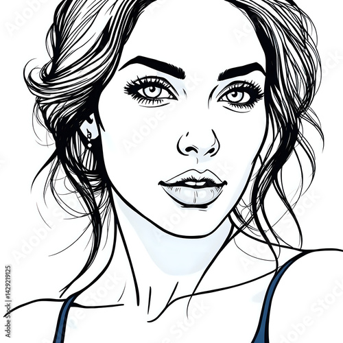 Close up portrait of beautiful woman in black and white line drawing