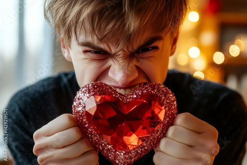 A cute valentine's day greeting from livid face young man. A sparkling rhinestones heart in hands is a gift. Love-filled moment. Cozy coupleâ€™s love. Adorable coupleâ€™s story. Love and joy.