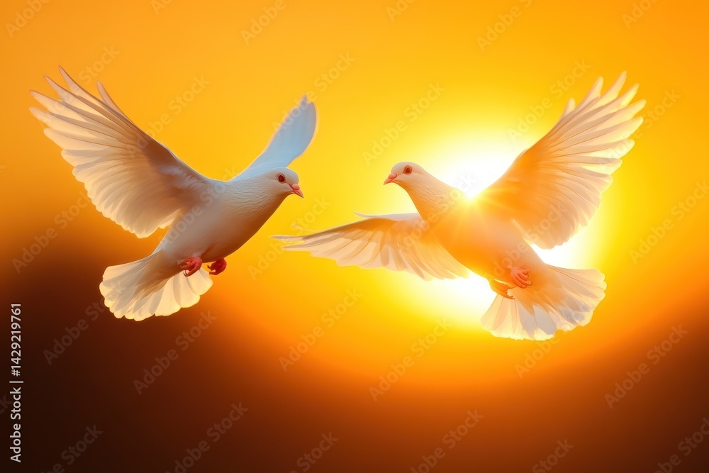 Obraz premium Two White Doves Soaring Majestically In Golden Sunset Light