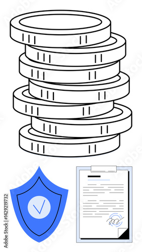 Stack of coins symbolizing wealth, shield for security, and signed contract for compliance. Ideal for finance, savings, investment, insurance, legal services, trust simple landing page