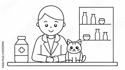 Veterinarian smiling at a desk with a cat and medication in a veterinary clinic illustration