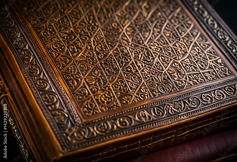 Fototapeta premium A close up of an ornate book on a black background.