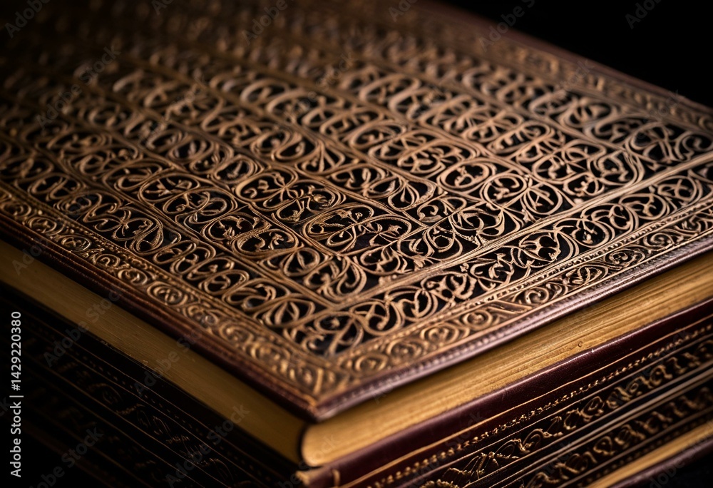 Fototapeta premium A close up of an ornate book on a black background.