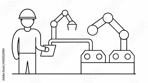 Robotics engineer supervising robotic arms in a manufacturing facility illustration