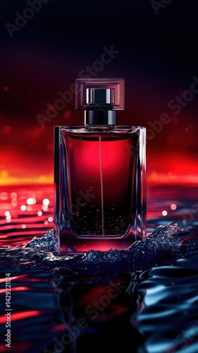 A bottle of perfume is sitting on a table with water