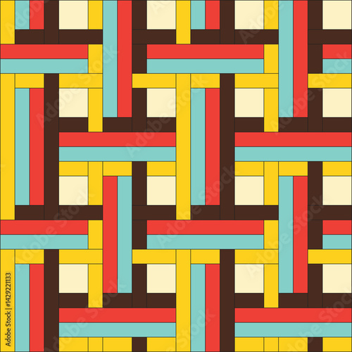 Abstract pattern of aida cloth created from brown, yellow, rusty red and duck egg blue rectangles and squares