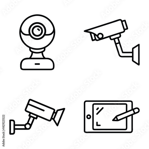 Icons of Recording and Monitoring Equipment Webcam, Surveillance Cameras, Tablet, and Stylus in Minimalist Style