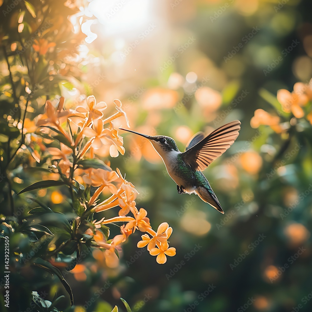 Naklejka premium Hummingbird in flight amidst bright yellow flowers.