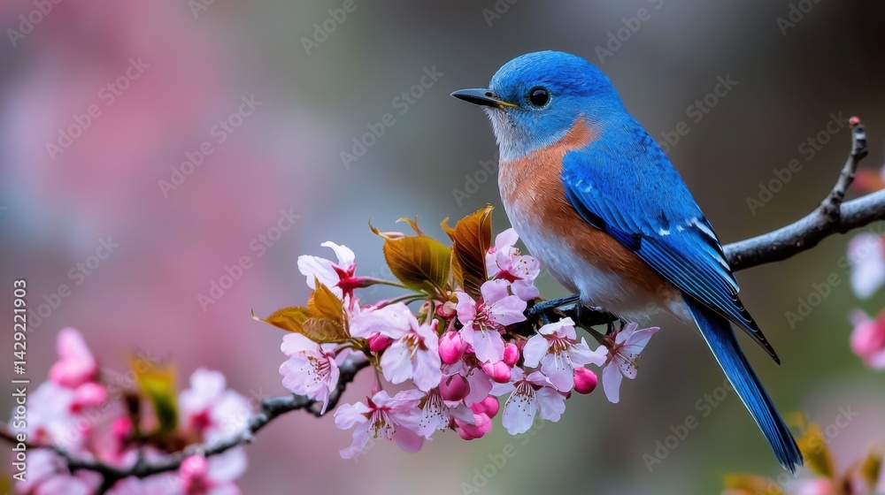 Obraz premium A blue and white bird is perched on a branch of a pink flower