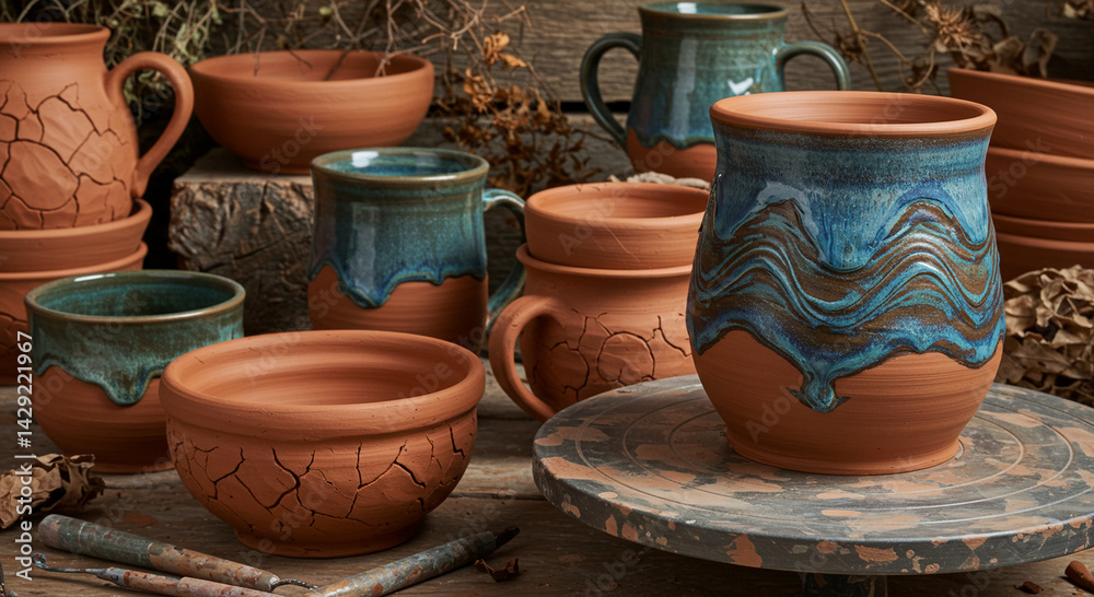 Rustic Pottery Collection Terracotta and Turquoise Glazed Ceramic Bowls Mugs and Pitchers Rustic Pottery Collection Terracotta and Turquoise Glazed Ceramic Bowls Mugs and Pitchers