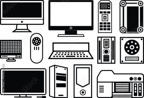 Collection of Computer Hardware Components in Black and White, Vector Illustration of Various Electronic Devices