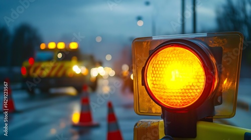 In the evening hours, flashing yellow lights serve as a warning, indicating caution is needed at the nearby road construction site