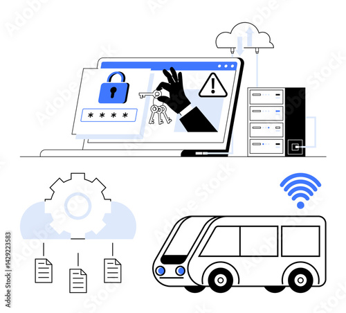 Hacking attempt on a password-protected system, data servers, cloud storage, connected smart bus, and settings gear. Ideal for technology, cybersecurity, smart mobility, cloud computing IoT risk