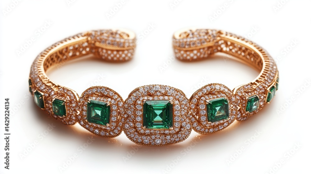 Elegant gold jewelry set with matching square-cut diamonds and emeralds on earrings, necklace, and ring, isolate on white background Elegant gold jewelry set with matching square-cut diamonds and emeralds on earrings, necklace, and ring, isolate on white background