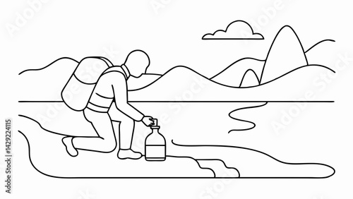 Biologist collecting water samples near a river in a natural landscape illustration