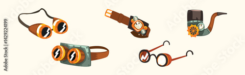 Steampunk Objects and Mechanism with Antique Mechanical Device Vector Set