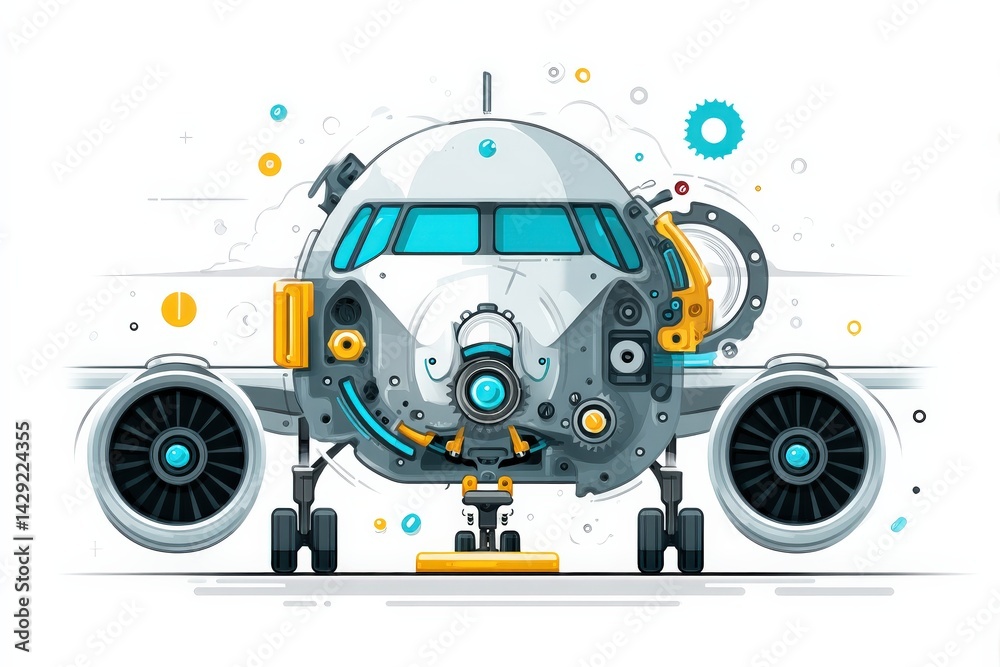 Fototapeta premium Modern Airplane Front View with Colorful Mechanical Details