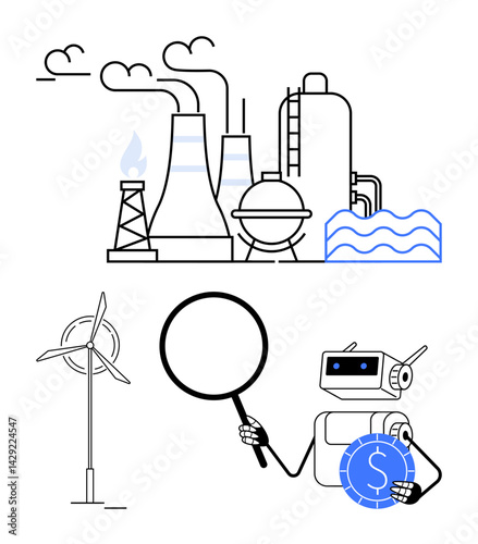Industrial plant emits smoke near renewable energy sources. Robot with magnifying glass evaluates power systems. Ideal for energy efficiency, environmental impact, sustainable solutions, AI