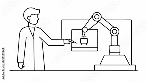 Robotics engineer demonstrating a robotic arm in a lab setting with a schematic on a screen