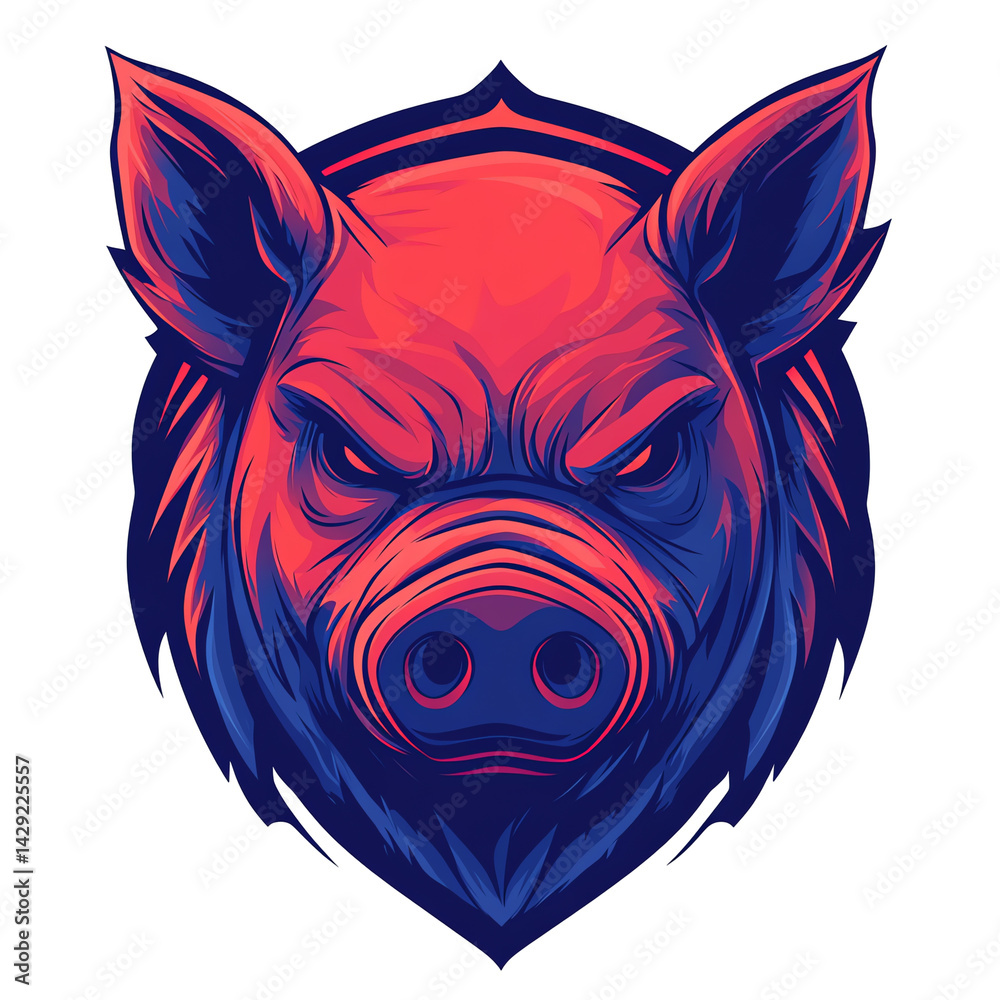 Obraz premium Fierce pig head illustration with glowing red and blue colors on transparent background