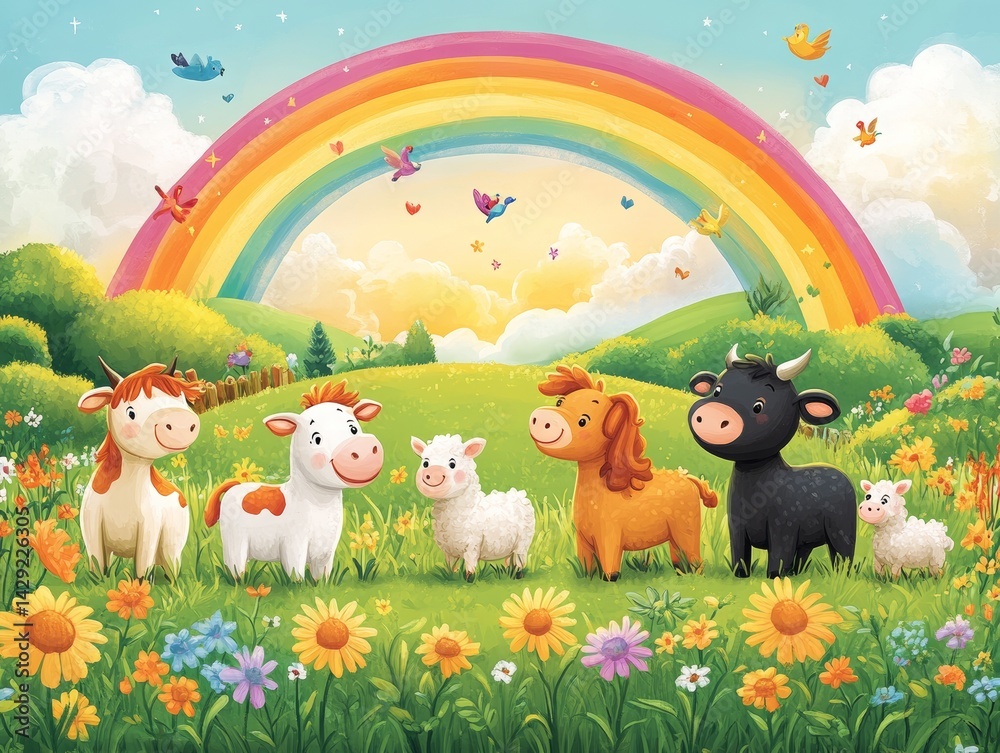 Naklejka premium Watercolor Farm Animals Under a Rainbow: A Children's Illustration Filled with Cows, Lambs, Birds, and Blooming Flowers in a Bright and Cheerful Landscape