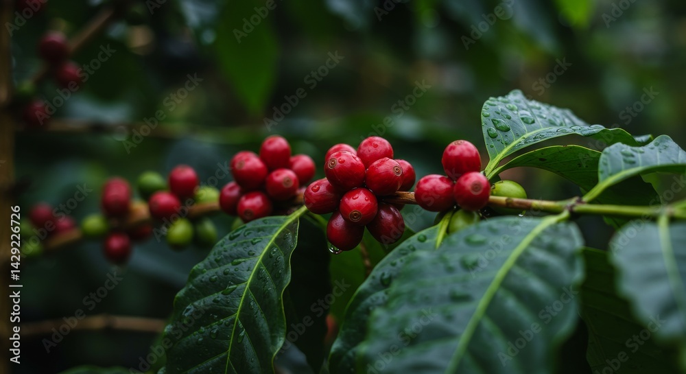 Obraz premium Ripe Coffee Cherries on Branch - Close-up of vibrant red coffee cherries on a branch, surrounded by lush green leaves. Perfect for coffee-related products