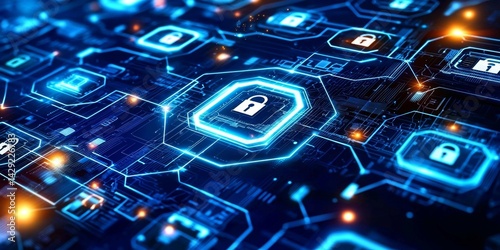 Digital environment showcasing various cybersecurity icons and elements.