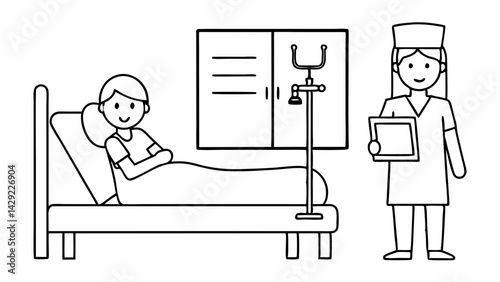 Nurse with a clipboard standing next to a patient in bed receiving IV drip in a hospital illustration