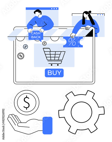 Digital cart on a screen, figures holding cashback and discount icons, dollar hand symbol, and gear. Ideal for e-commerce, cashback system, discounts, purchases, online payments user experience