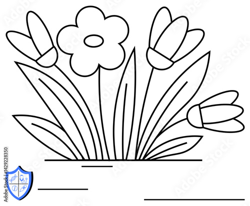 Flower blossoms with broad petals and narrow leaves surrounded by grass. Ideal for nature, spring, decoration, coloring page, education, greeting card, poster design. Flat simple metaphor