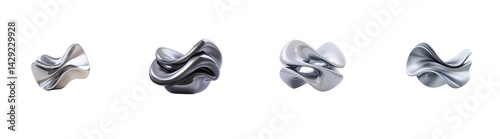 Dynamic metal sculpture series featuring abstract twisting shapes in reflective silver shades