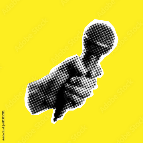 Male hand holds a microphone collage element in halftone effect, pop art style,cut out element