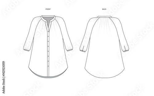 Raglan Sleeve Blouse technical fashion illustration.Band collar with placket  fashion flat technical drawing template, front and back view, white, women CAD mockup