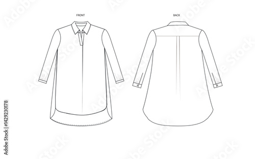 Skipper collar Blouse,Forwarding at front,Long sleeve  flat fashion sketch template. Technical Fashion Illustration