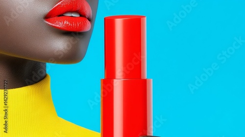 Close-up of red lipstick and glossy lips against a blue background concept. photo