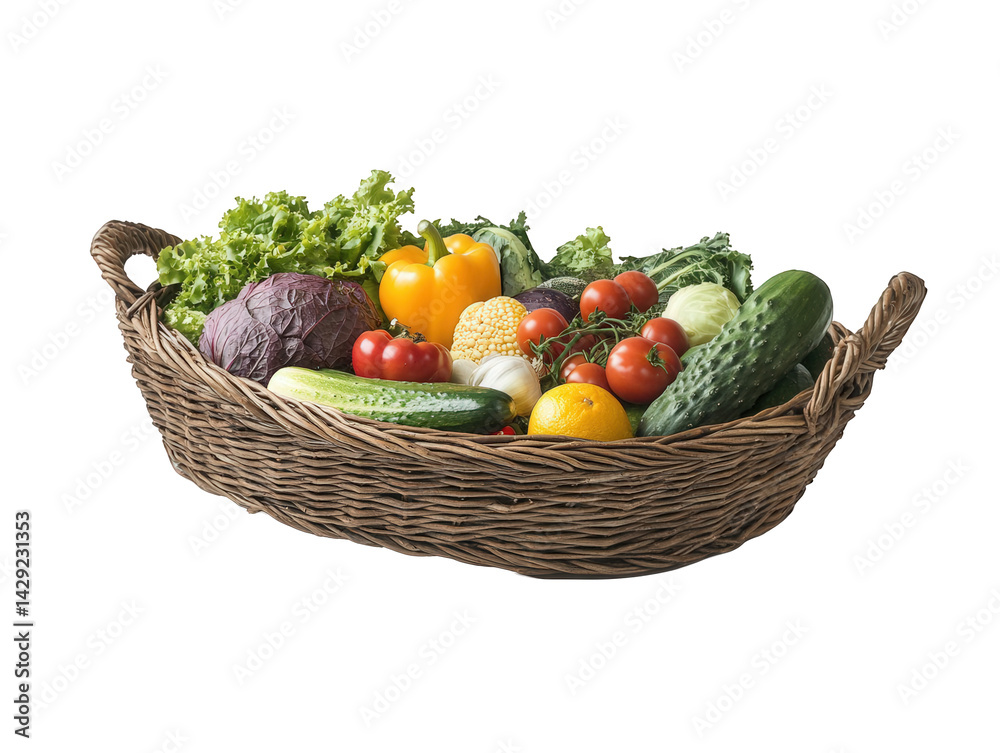 Basket filled with produce isolated over png transparent background Basket filled with produce isolated over png transparent background