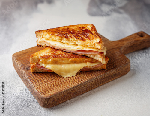 Hot croque monsieur, French ham and grilled cheese sandwich on wooden board. Fast food. Tasty snack photo
