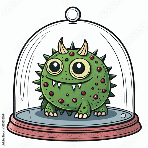 Render a grotesque bubbling bile monster encased within a cracked glass dome frame, emphasizing its vibrant green hue and viscous texture.