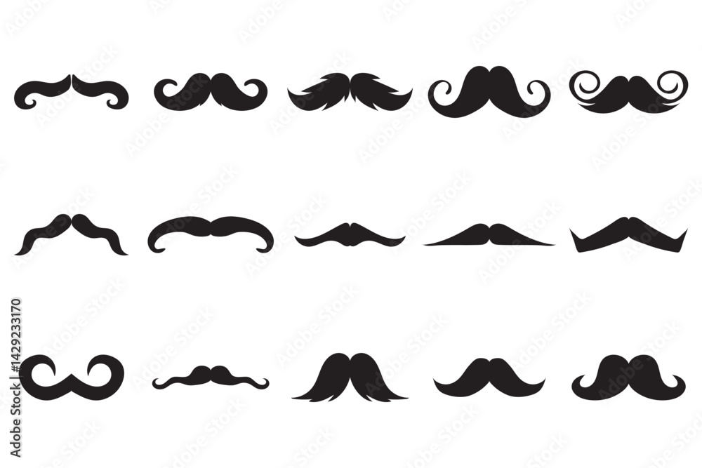 Different moustache silhouettes set. Black hipster, gentleman or barbershop symbols and retro elements. Collection of men's moustaches. Vector illustration on white background.