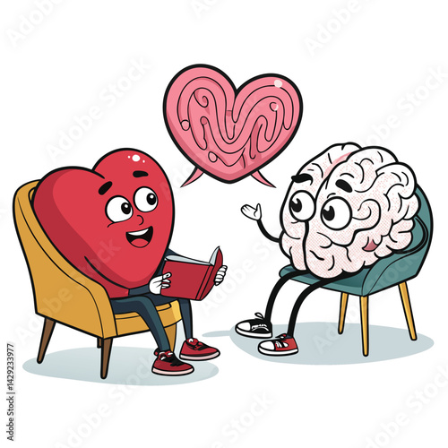 Cartoon illustration of a friendly heart and brain, engaged in conversation, sitting together on a throne, whimsical style.
