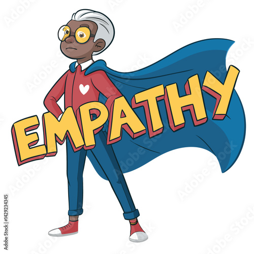 A friendly cartoon therapist, wearing a superhero cape labeled 'E' for empathy, offering comforting support.