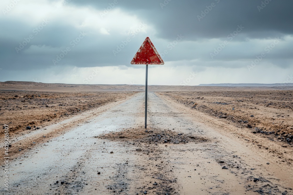 Lonely dirt road with an old warning sign under a stormy sky