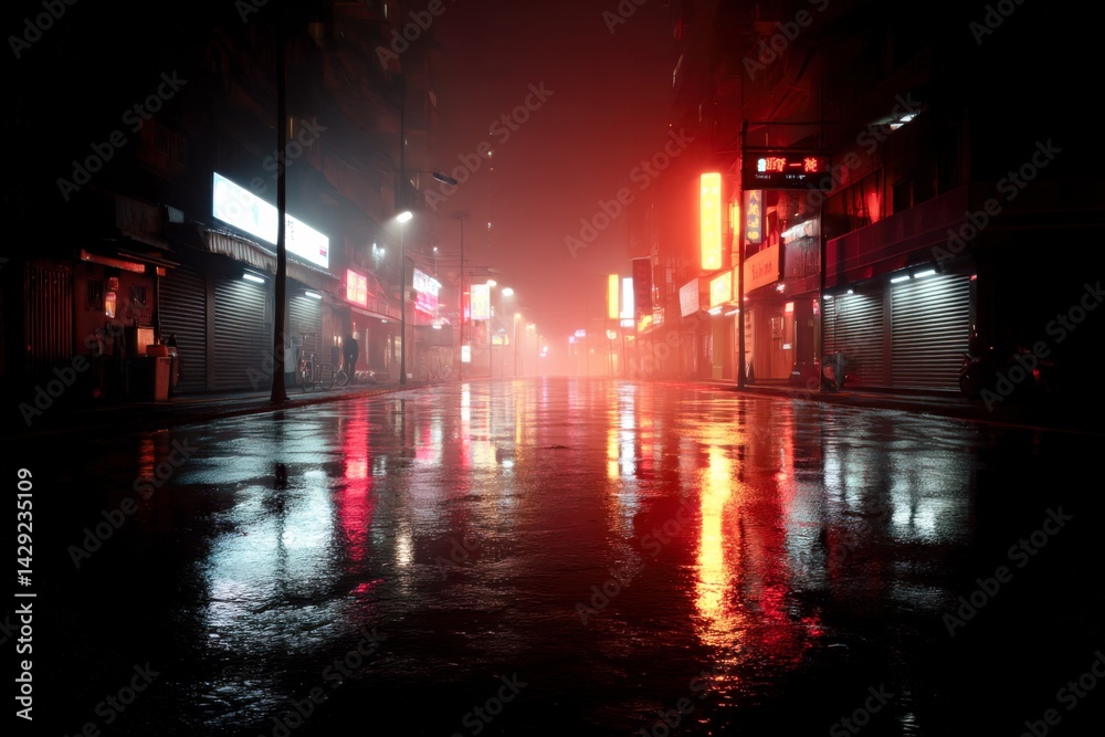 Empty wet city street at night with neon lights reflecting on pavement