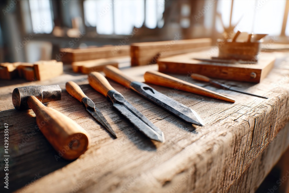 Woodworking tools spread on a rustic wooden workbench in sunlight