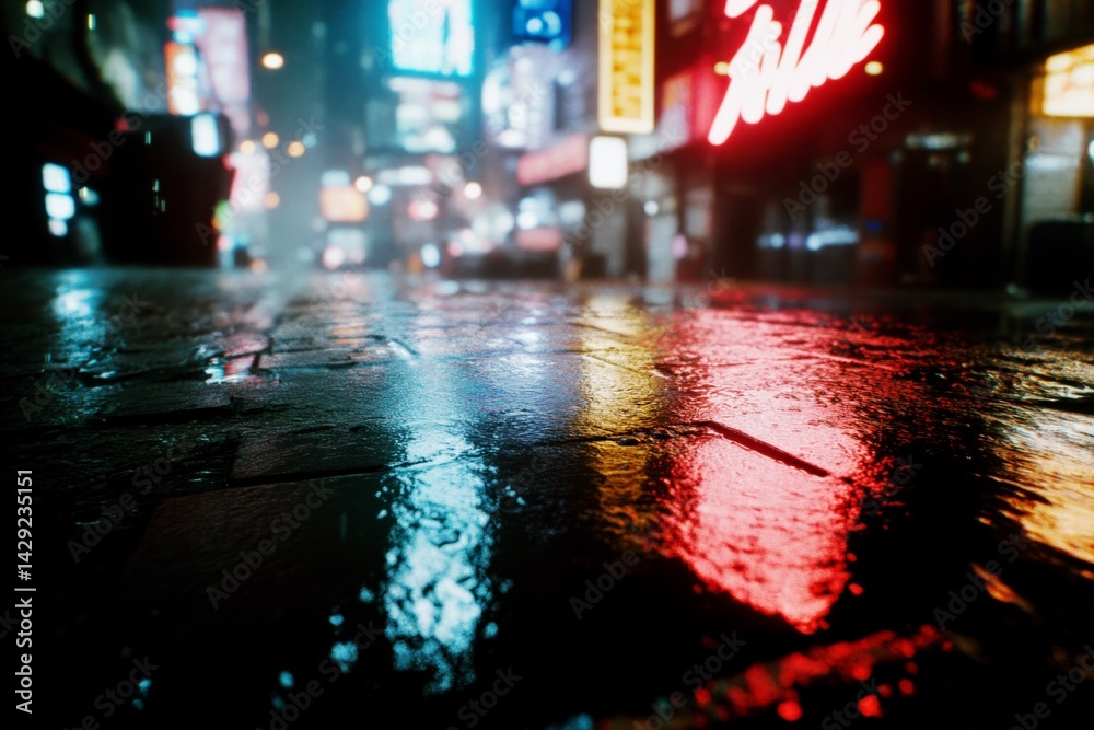 Wet city pavement with neon reflections at night in an urban street