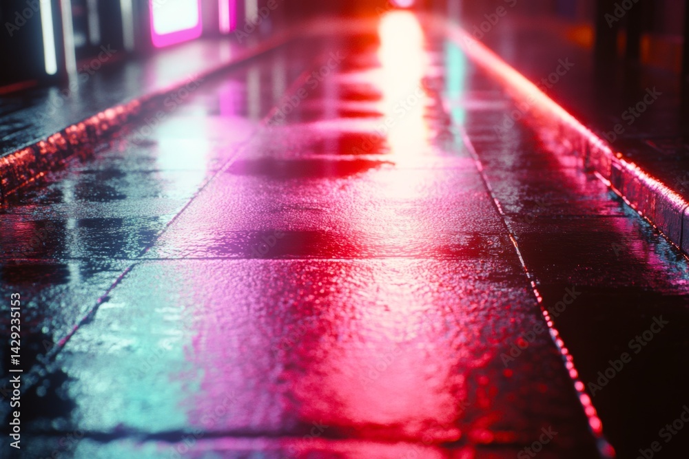 Wet sidewalk with neon light reflections in an urban night scene