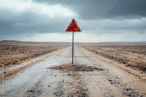Obraz na płótnie Lonely dirt road with an old warning sign under a stormy sky w salonie