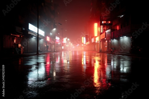 Obraz na płótnie Empty wet city street at night with neon lights reflecting on pavement w salonie