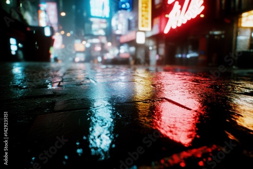 Obraz na płótnie Wet city pavement with neon reflections at night in an urban street w salonie